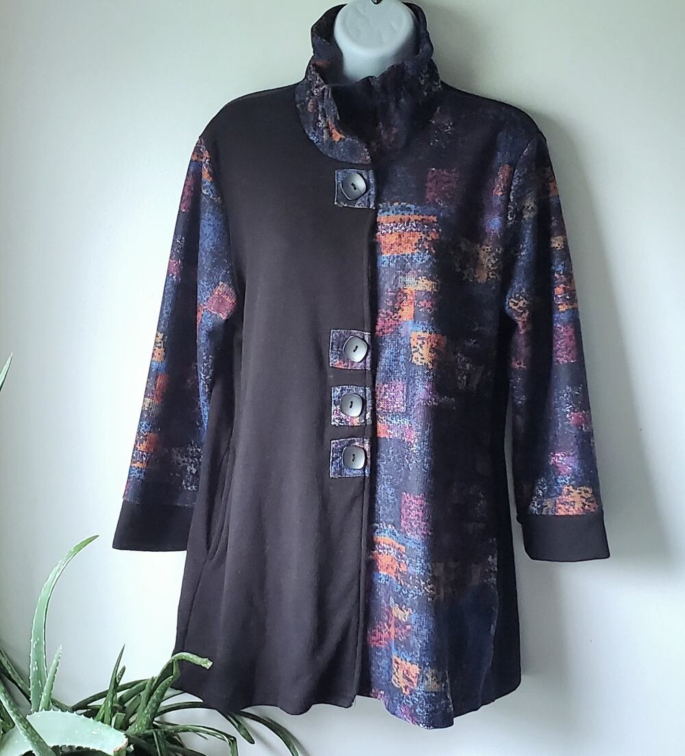 Creation Black Multicolor High Neck Button Closure Shirt Womens Size M Boho Art